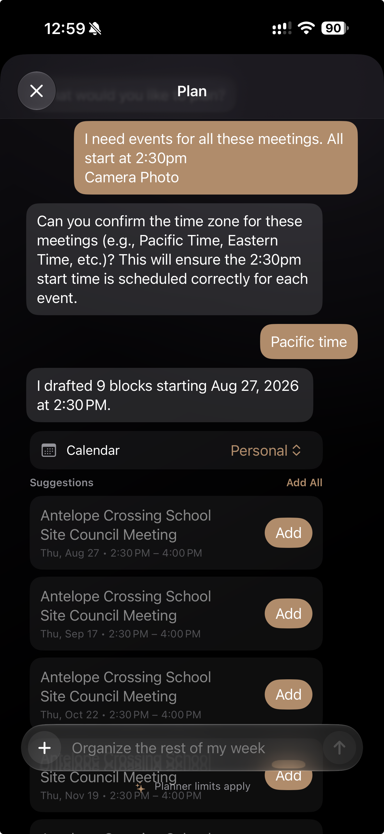 AI Planner creating suggested calendar events from a camera photo