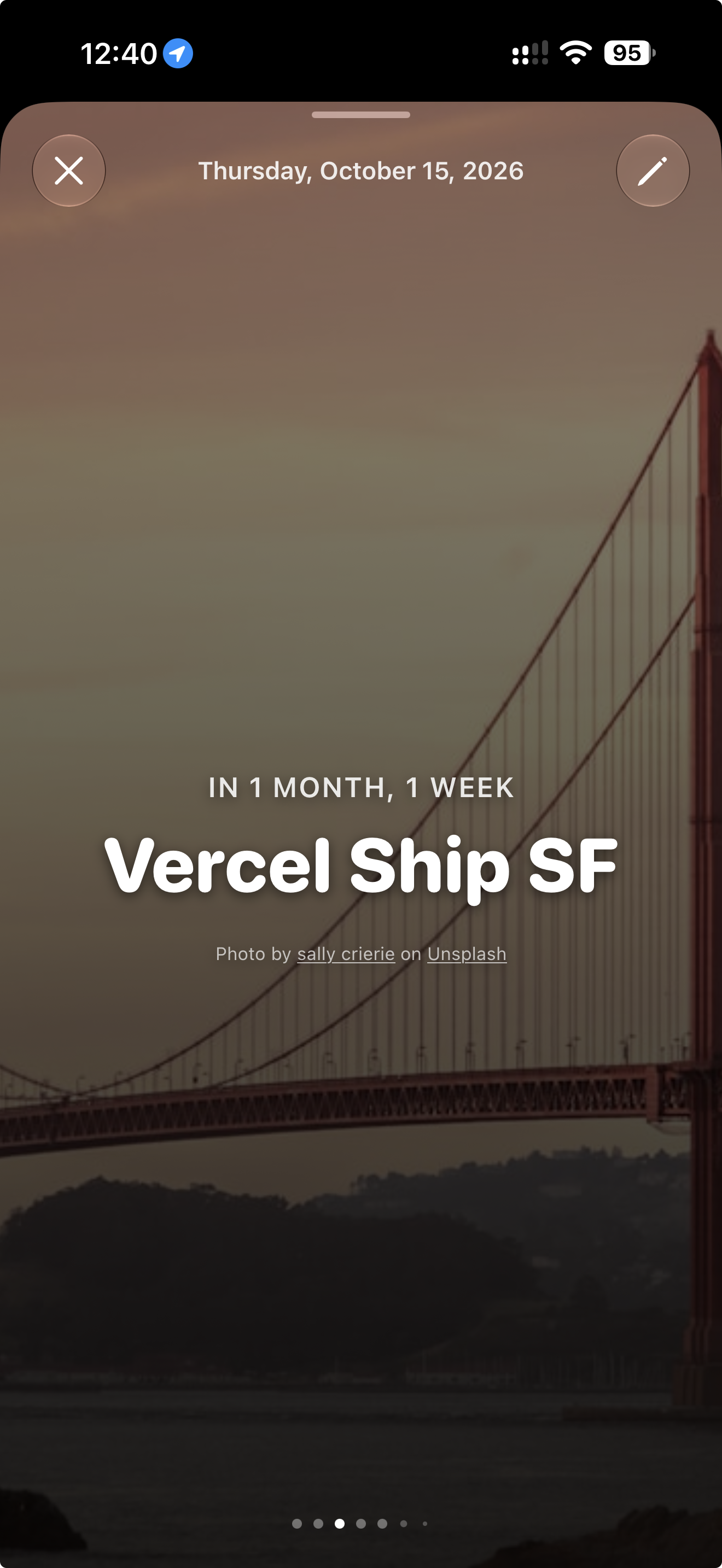 Day Agenda visual countdown to Vercel Ship SF with a Golden Gate Bridge photo