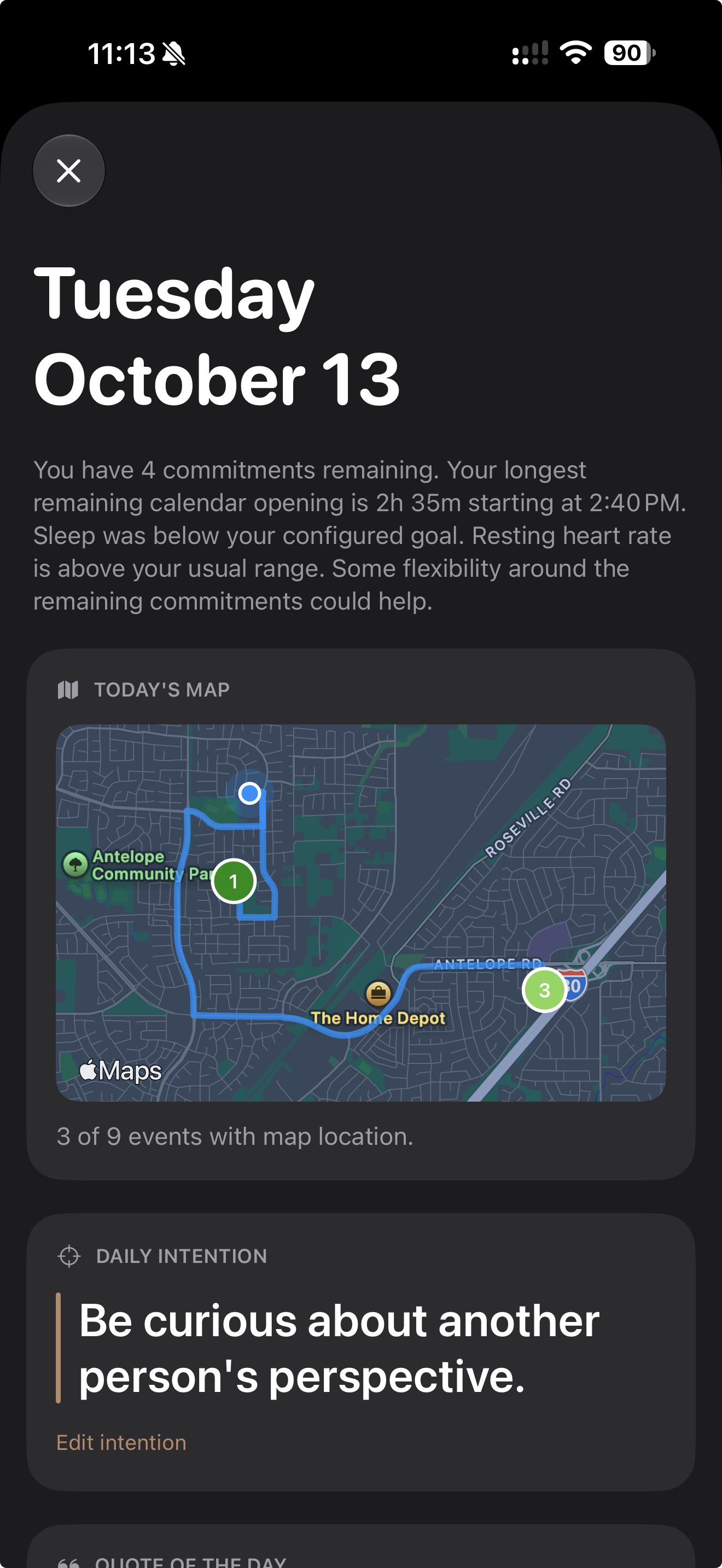 Day Agenda Daily Digest with a current summary, map, and news cards