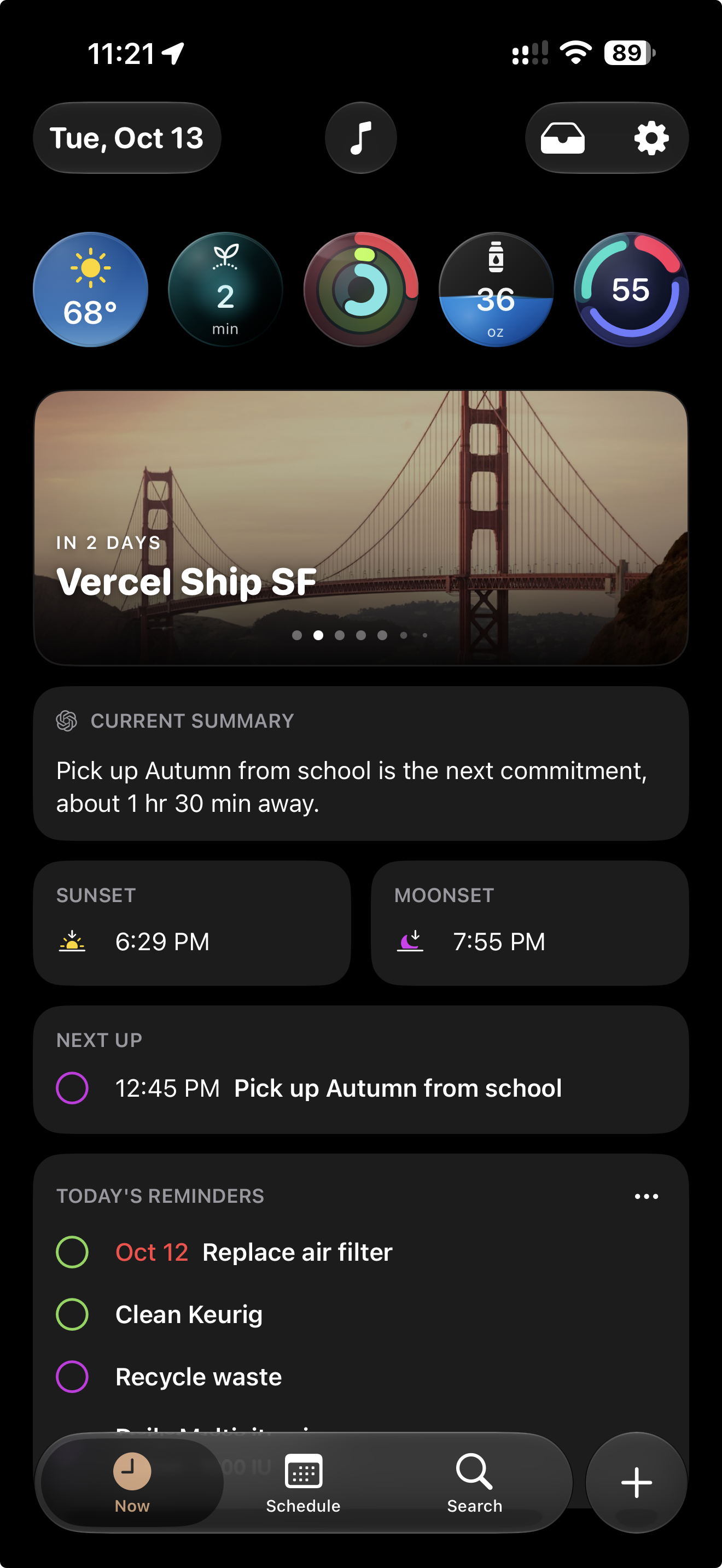 Day Agenda Now view with signals, a visual countdown, current summary, sunset, moonset, next event, and reminders