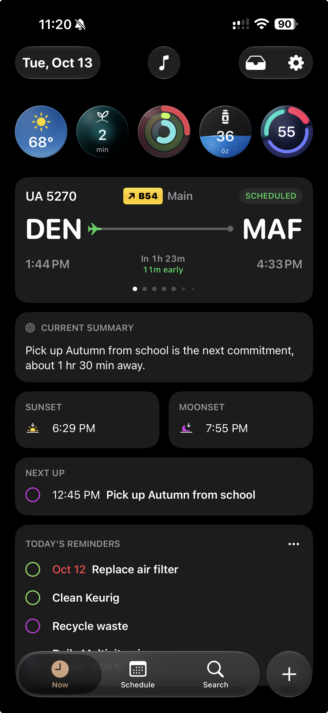 Day Agenda Now view with signals, a flight card, current summary, sunset, moonset, next event, and reminders