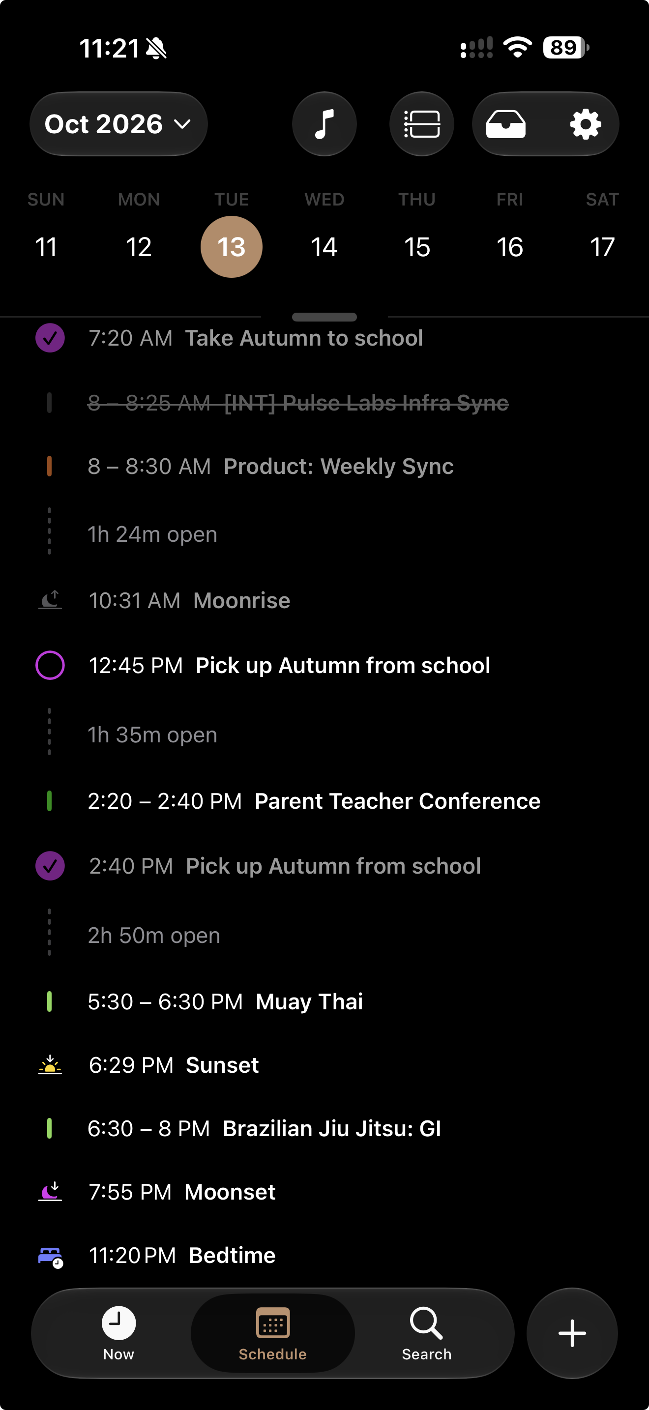 Day Agenda schedule view with a week strip, all-day items, reminders, sunrise, wake up, and timed events