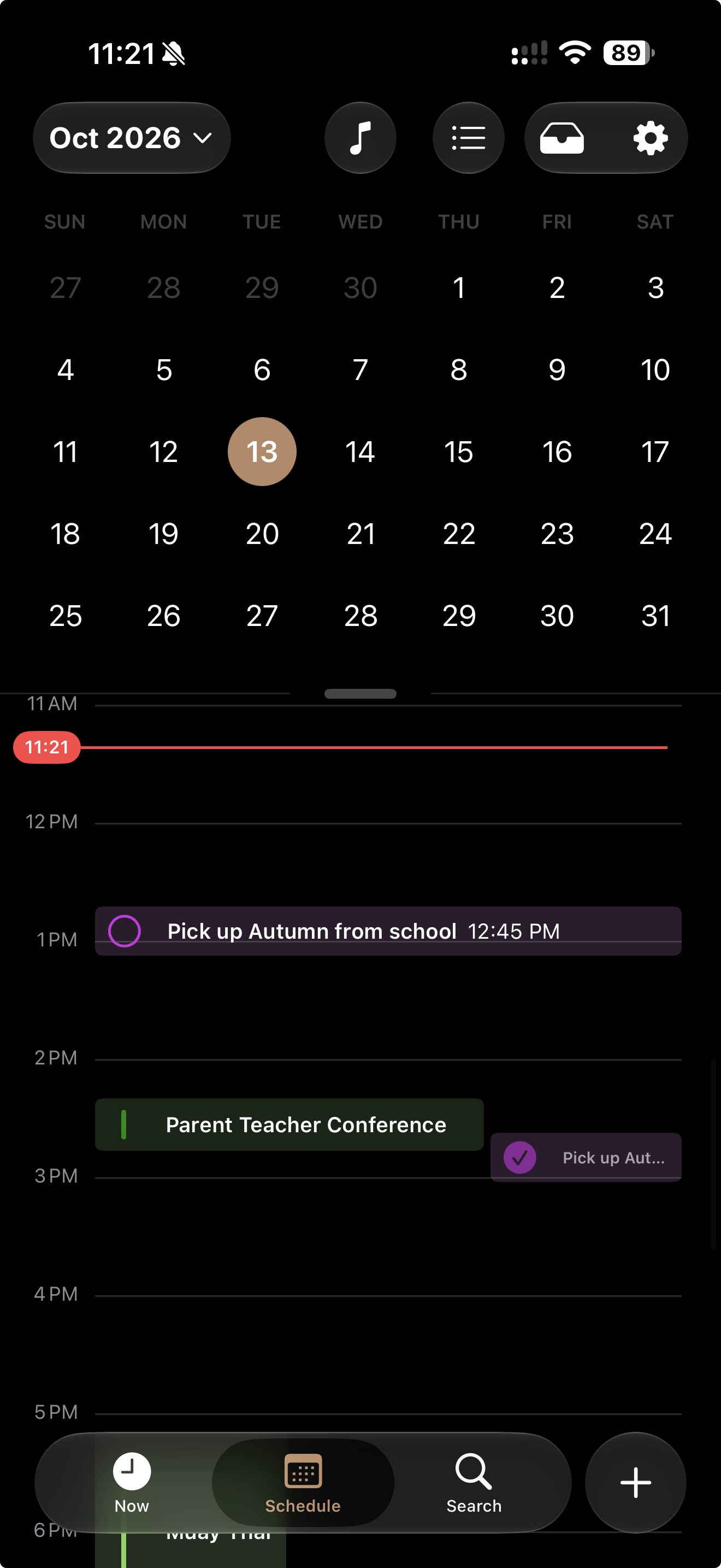 Day Agenda timeline schedule view with current time, timed events, travel time, sunset, and moonset